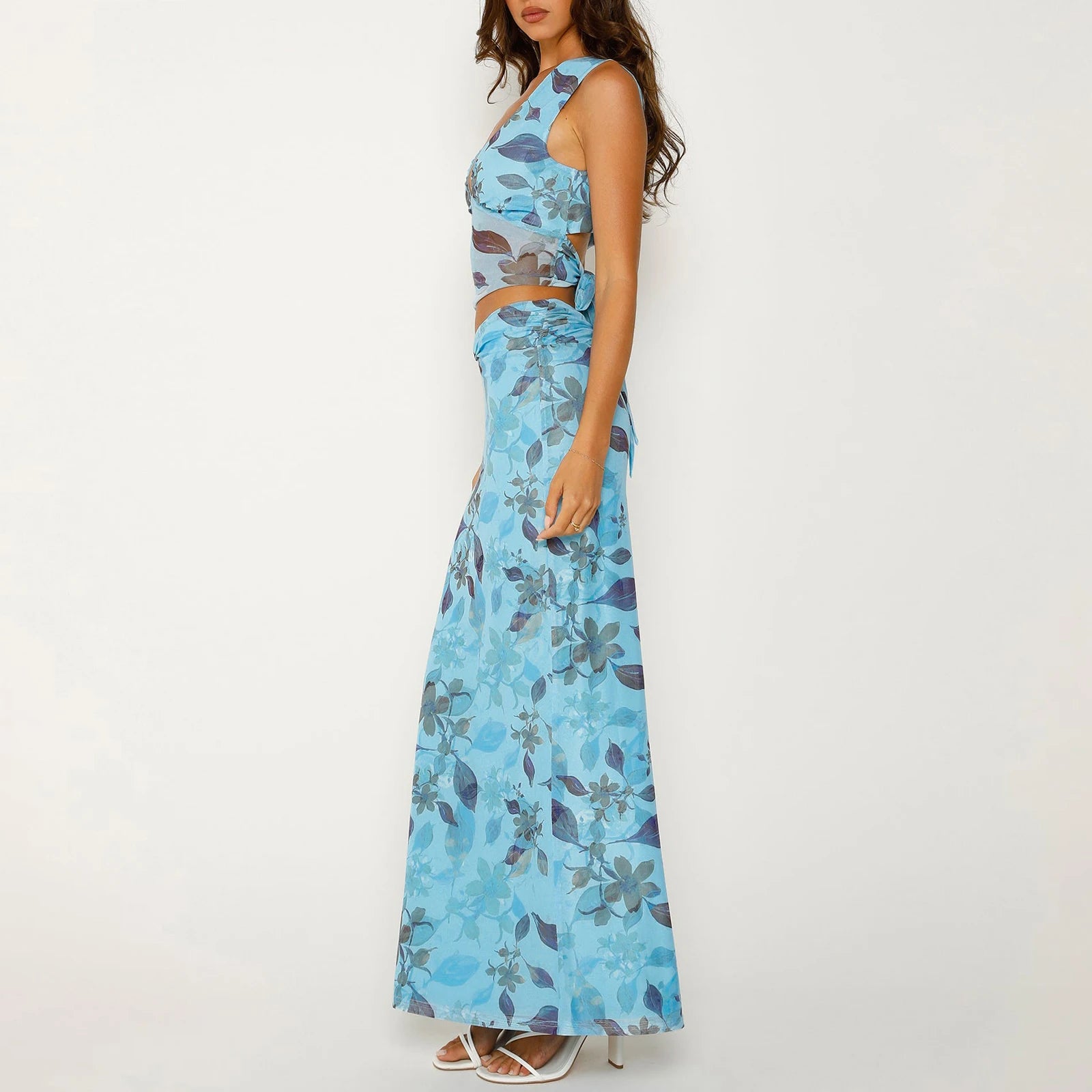 Cyflymder  Vintage Women's Summer 2Pcs Outfits Floral Print V-Neck Slim Tank Tops + High Waist Long Skirt Set Holiday Party Clothes