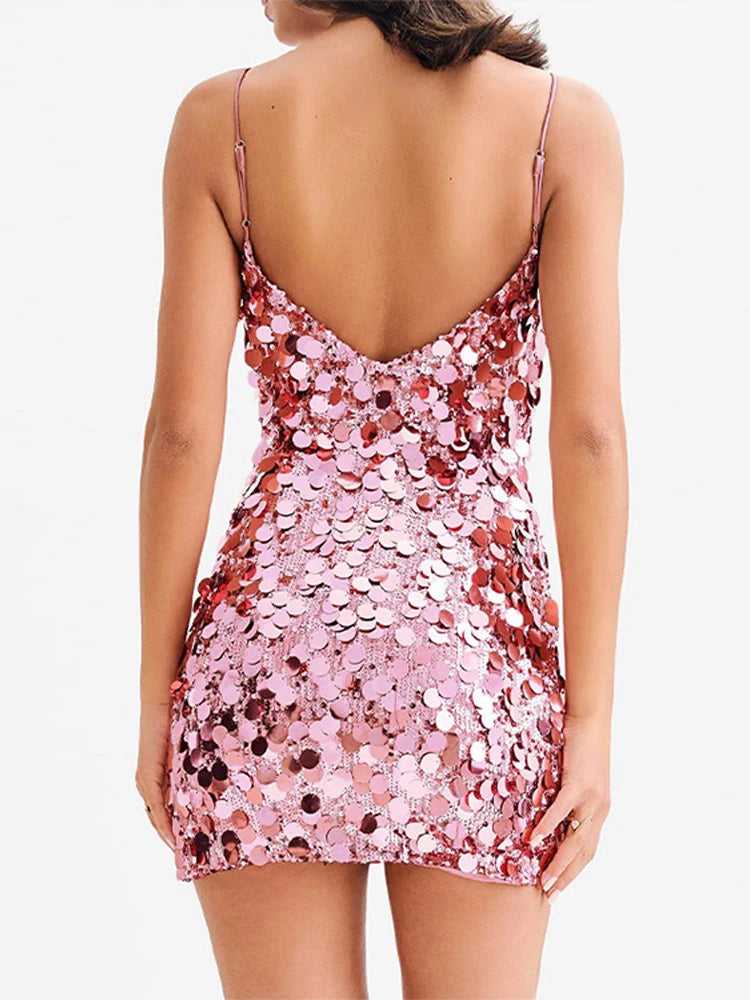 Cyflymder  Sequins Glitter Evening Party Mini Dress Women Sleeveless Backless Slim Zipper Sexy Shining Dresses A-line Solid Sexy Lady Robe