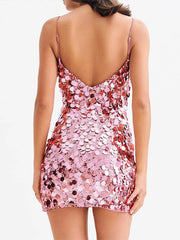 Cyflymder  Sequins Glitter Evening Party Mini Dress Women Sleeveless Backless Slim Zipper Sexy Shining Dresses A-line Solid Sexy Lady Robe