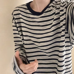 Cyflymder  Striped T-shirts Women O-Neck Long Sleeve Loose Navy Blue Tops Tee Bottoming Tshirts