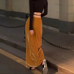 Cyflymder  Autumn Fashion Golden Velvet Skirt Women's High Waist Bag Hip Long Skirt Elegant Office A-line Party Skirts Mujer Faldas 652A