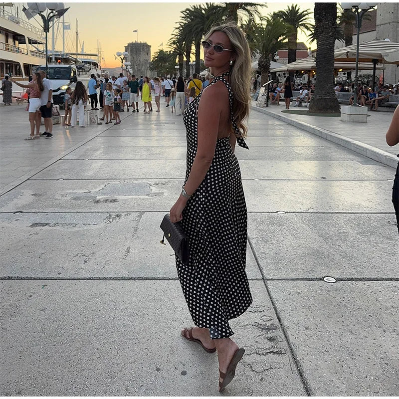 Cyflymder  Polka Dot Halter Backless Long Dress Women Off Shoulder V-neck Scarf Sexy Sleeveless Dresses 2025 Summer Street Holiday Robe