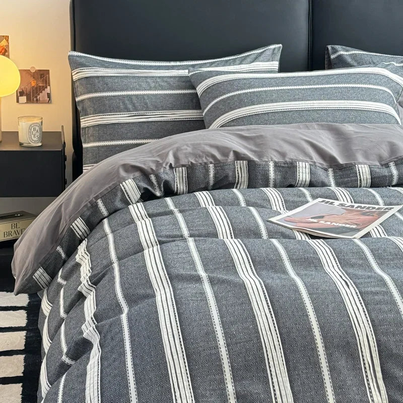Cyflymder  4Pcs High-End Striped Jacquard Fitted Sheet Bedding 100% Cotton Soft Breathable Bedclothes Cozy Comfort Set with Corner Belt