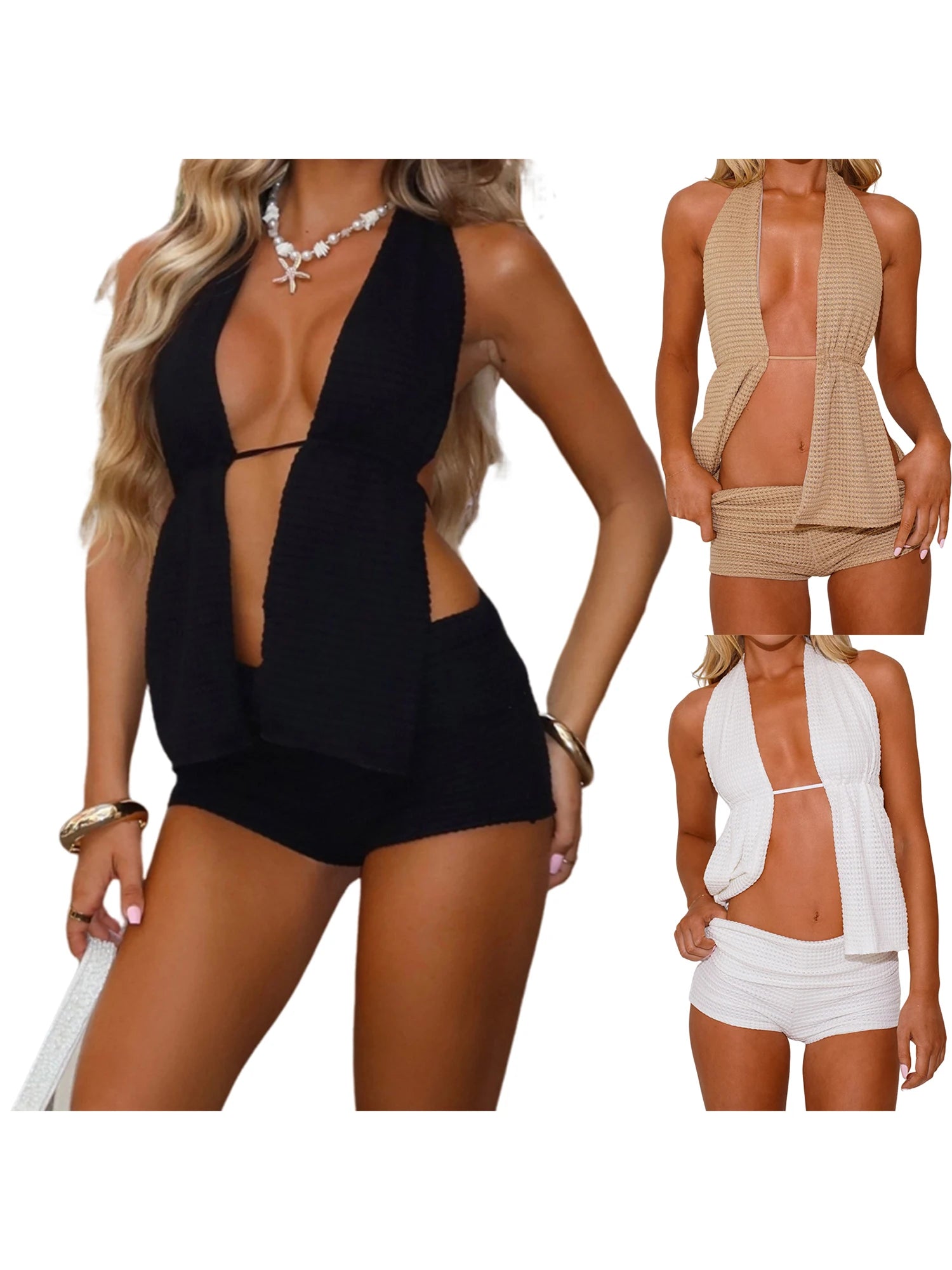 Cyflymder  Women s Casual Sleeveless Crop Top and High Waisted Shorts Set Solid Color Knit 2 Piece Outfit for Summer Beachwear