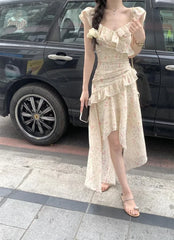 Cyflymder  Women Dresses Irregular Ruffles Floral Printed Sleeveless Holiday Spring Summer Sweet Elegant Dress Party Backless