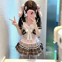 Cyflymder  Vintage Sweet Lolita Style 3 Piece Sets Women Kawaii Ruffles Cardigan Pink Bow Straps Tops Fashion Y2k Plaid A Line Skirts Suit