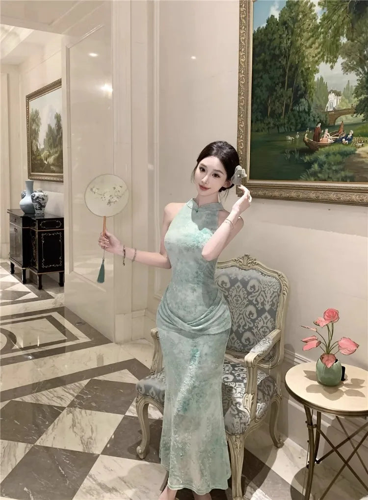 Cyflymder  Sexy Dresses Women Temperament Elegant Floral Printed Stand Collar Slim Stretch Summer Fashion Elegant Dress Female Party