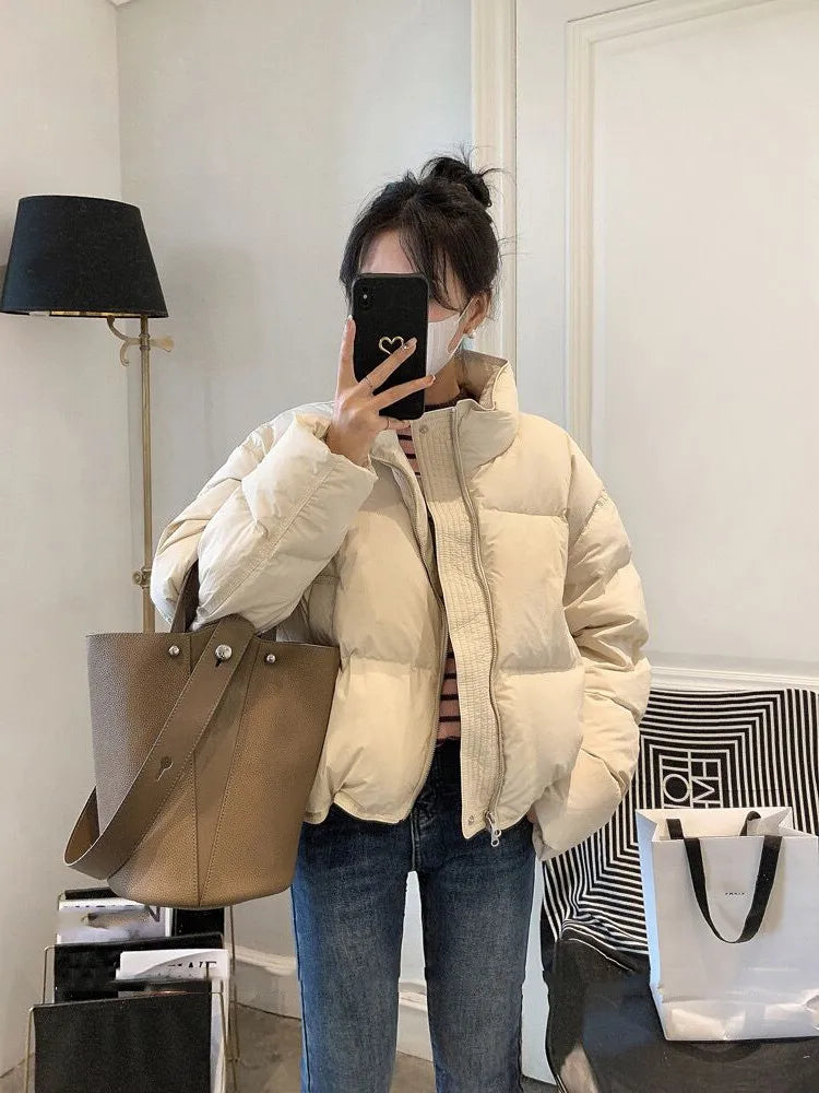 Cyflymder Fashion Zipper Cropped Jacket Women Winter Warm Casual Loose Puff Cotton Coats Streetwear Korean Drawstring Padded Outerwears