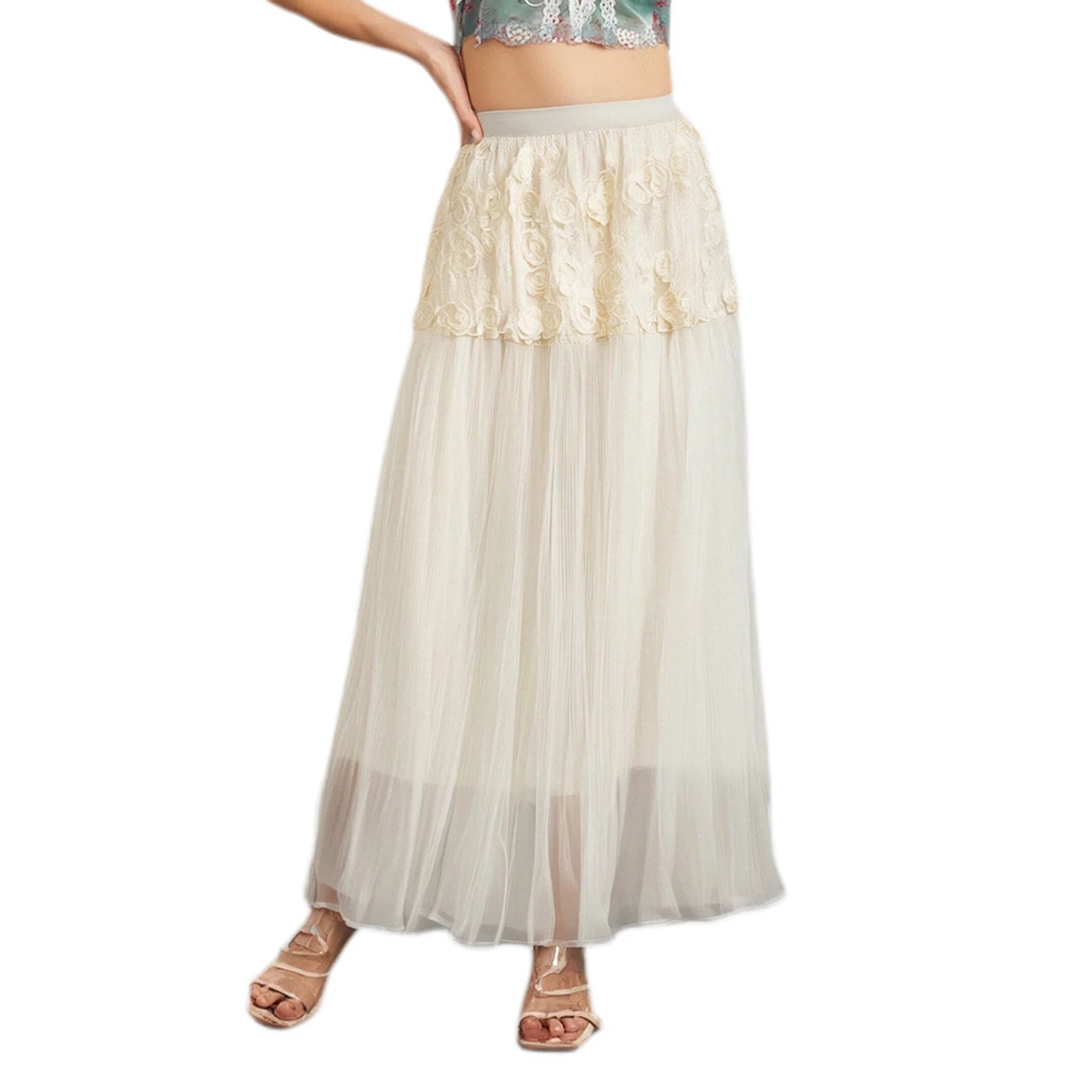 Cyflymder  Women 3D Floral Tulle Skirt Elegant Ladies Clothes High Waist A-Line Long Flowy Skirt Beach Party Skirts Streetwear