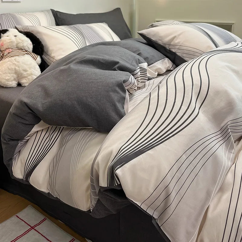 Cyflymder  Simple Nordic Pure Cotton Striped Bedding Set Naked Sleeping Comfortable Duvet Cover Set Fitted Sheet Kit for Single and Double