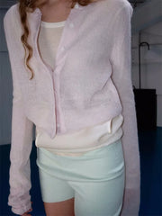Cyflymder  Pink Mohair Button Knitted Tops Women Autumn Simple All-match Chic Long Sleeve Tee Shirts Sweet Cute Preppy Style Thin Cardigan
