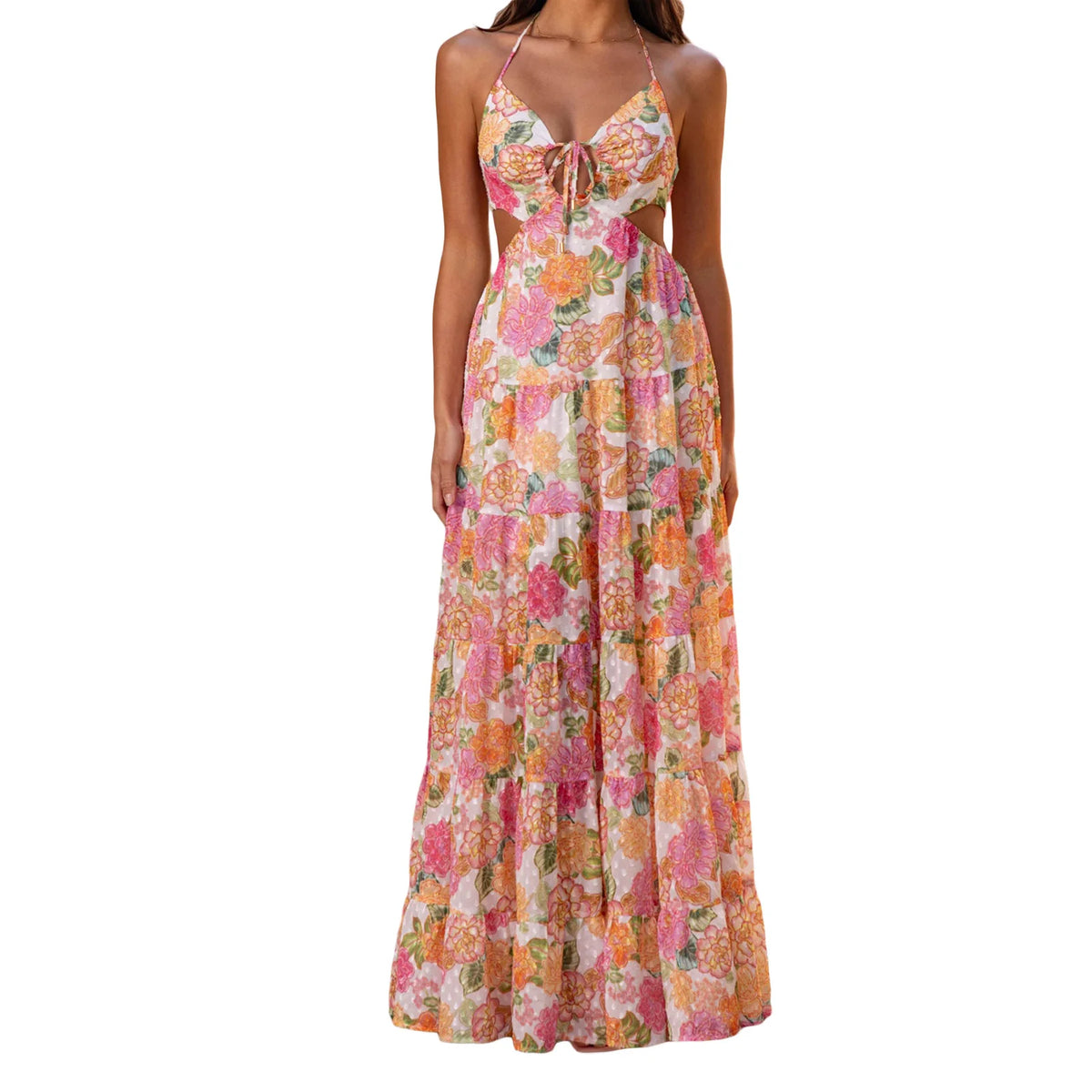 Cyflymder  Elegant Maxi Dress with V-Neckline and Ruffle Detailing Boho Chic Sleeveless Floral Print Summer Dress for Women
