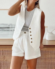 Cyflymder  Summer Women Office 2 Piece Suit Fashion V-Neck Sleeveless Front Button Tank Pants Set Work Blazer Sets