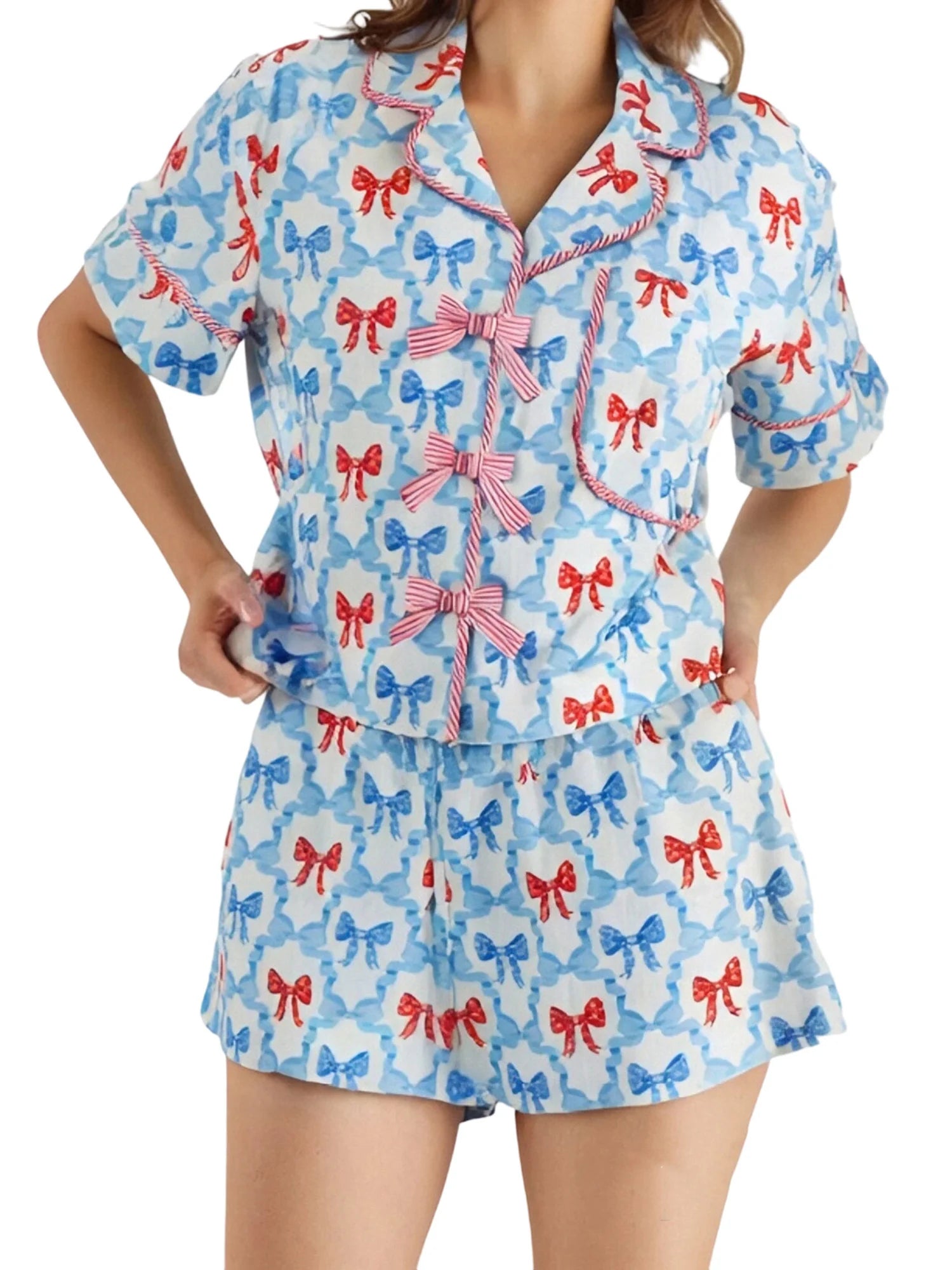 Cyflymder  Women s 2 Piece Pajama Set Adorable Short Sleeve Top with Bow Detail Comfortable Elastic Waist Shorts Lounge Wear Set for