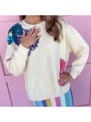 Cyflymder  Women s Casual Long Sleeve Round Neck Sequins Embellished Floral Print Pullover Sweatshirt for Spring and Autumn