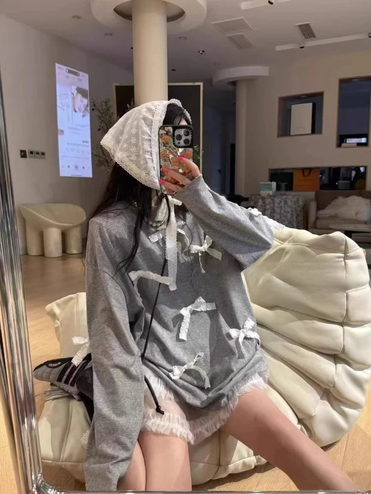 Cyflymder  Summer Fashion O Neck Long Sleeve Loose T Shirts Sweet Bow Appliques Lazy High Street Clothes Y2k Have Shoulder Pads Thin Tops