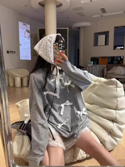 Cyflymder  Summer Fashion O Neck Long Sleeve Loose T Shirts Sweet Bow Appliques Lazy High Street Clothes Y2k Have Shoulder Pads Thin Tops