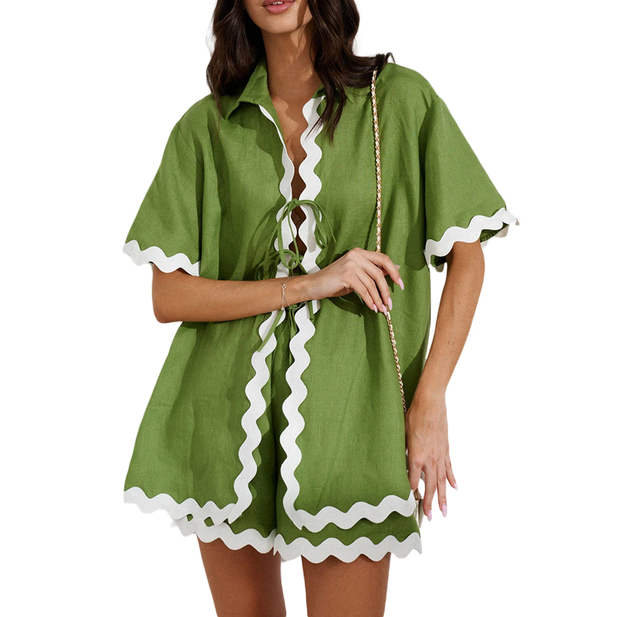 Cyflymder Women s 2-Piece Pajama Set with Ric-Rac Trim Short Sleeve Top and Matching Shorts - Cozy Loungewear Sleepwear Ensemble
