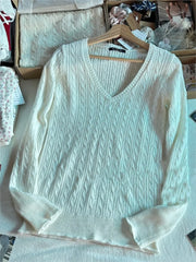 Cyflymder  Twisted Flower Thin Knitted Sweater Women Spring Beige Raw Hem V-Neck Long Sleeve Jumpers Sweet Cute Preppy Style Sweater Top