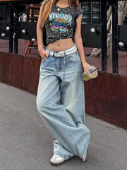 Cyflymder   American Vintage Pocket Embroidered Jeans Women New Loose High Waist Slimming Versatile Wide Leg Floor Length Denim Pants