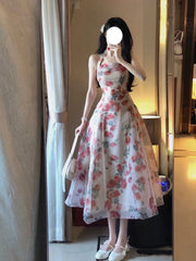 Cyflymder  Halter Rose Printed Women's Dresses Vintage Slash Neck Spaghetti Strap Summer Floral Dress Sexy High Street Evening Dress