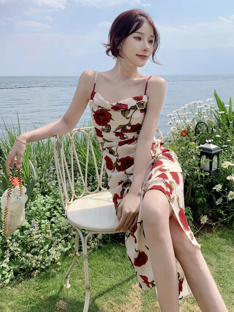Cyflymder  Vintage Slash Neck Spaghetti Strap Rose Floral Chiffon Midi Dress for Women Party Elegant Bodycon Beach Robe Vestidos Summer New