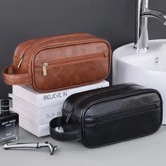 Cyflymder Men Leather Wash Bag Travel Business Trips Portable Cosmetic Bag Large Capacity Multi Pocket Design Handheld Leather Wash Bag