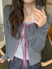 Cyflymder  Polka Dot Lace-up Cardigan Women Korean Chic Sweet Contrast Color Slim Fit Crop Top Autumn Y2k Long Sleeve T-shirts Ins