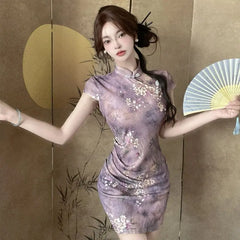 Cyflymder  Summer New Chinese Style Improved Cheongsam Women Dress Retro Purple Print Slim Fit Wrap Hip Sexy Mini Dress for Women