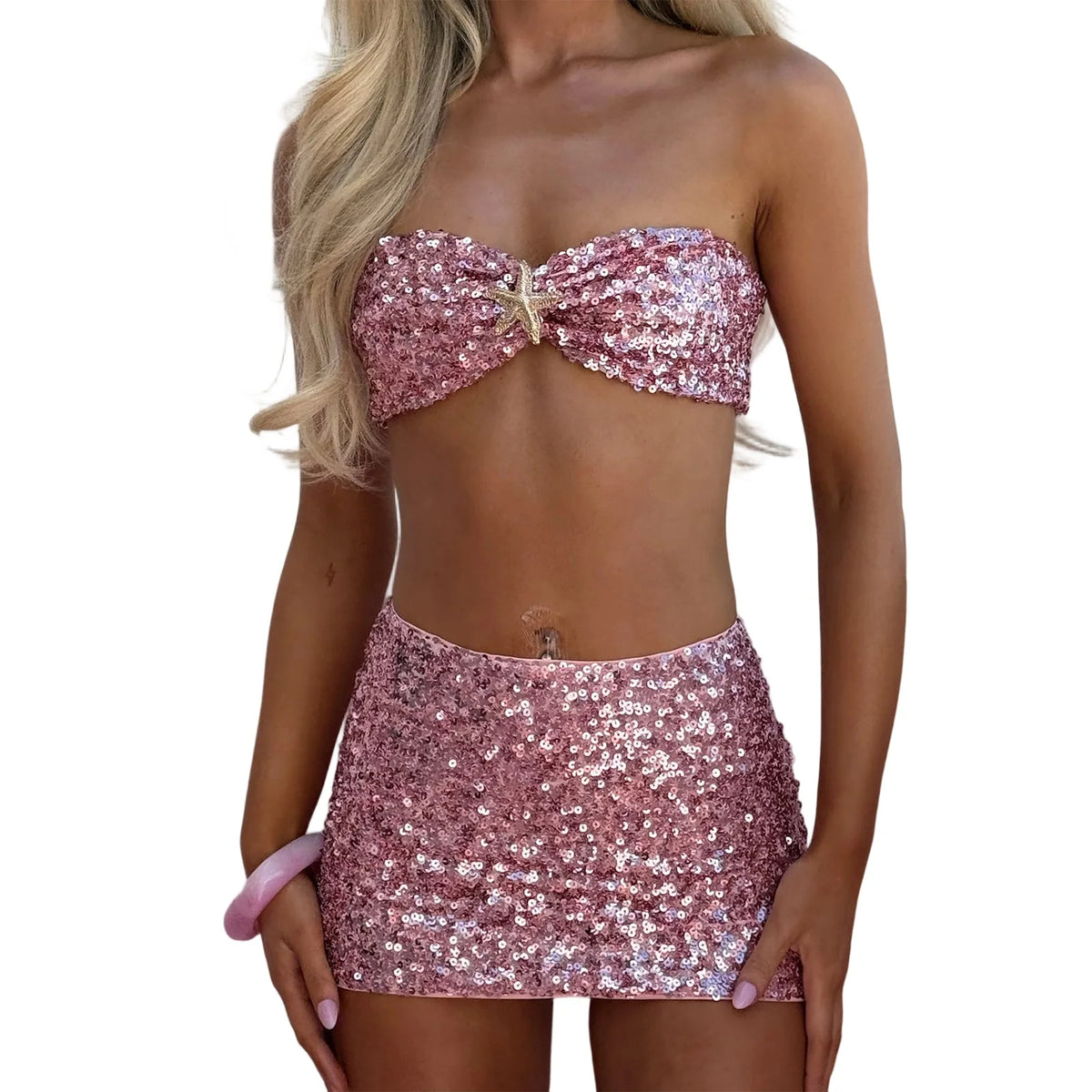 Cyflymder  y2k Sequin Outfit Set Summer Women Sparkly Off Shoulder Strapless Bra Tops and Low Rise Mini Skirt Club Party Clothes