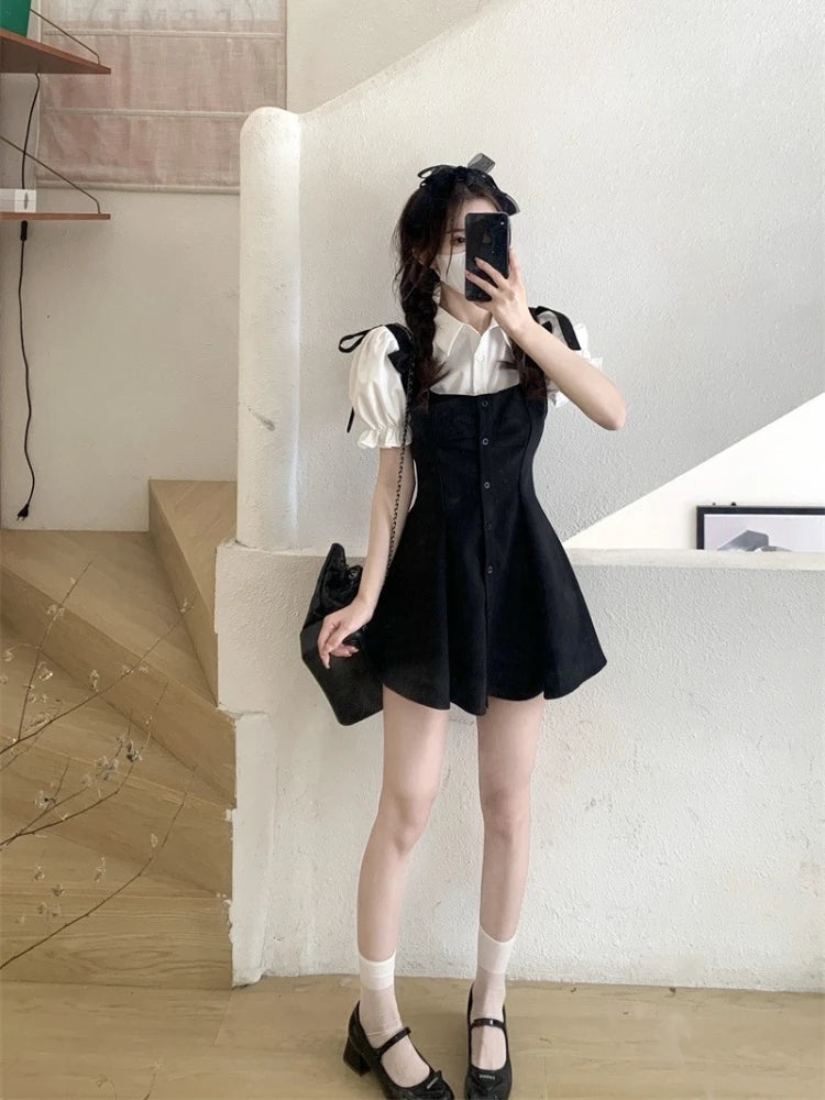 Cyflymder  Kawaii Preppy Style Suit Black Slip Dress White Blouse Spring Sweet Korean Fashion Femle Outfit Women Elegant Two Pieces