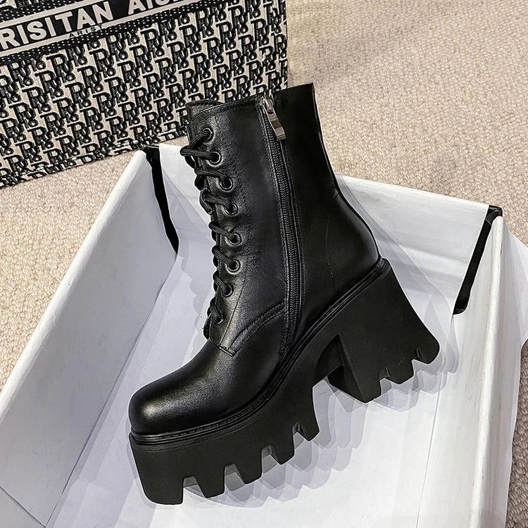 Cyflymder Punk Goth Ankle Boots Women Black Chunky Wedge Platform Shoes Woman Lace Autumn Patent Leather Footwear Lady Botas Mujer