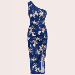 Cyflymder  Summer Dress Woman Elegant Party Printed Dresses Women's Evening Off Shoulder Dress Navy Blue High Slit Maxi Dress