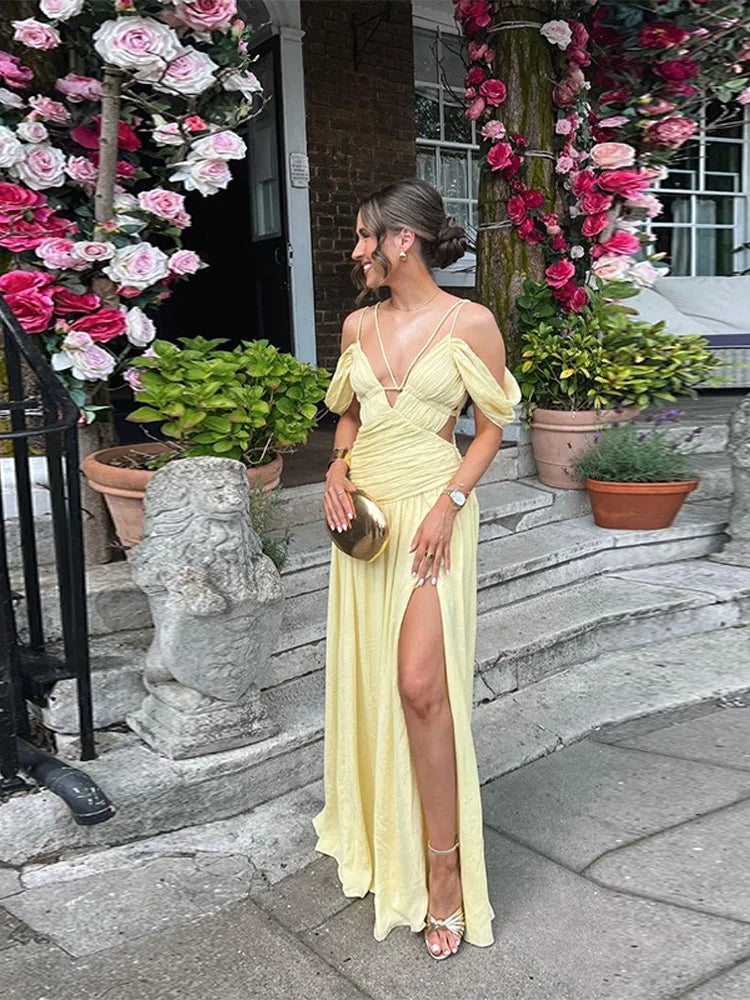 Cyflymder  Deep V-neck Backless Long Dresses For Women Off Shoulder Ruched Pleated High Split Party Dresses Summer Chic New Lady Robes