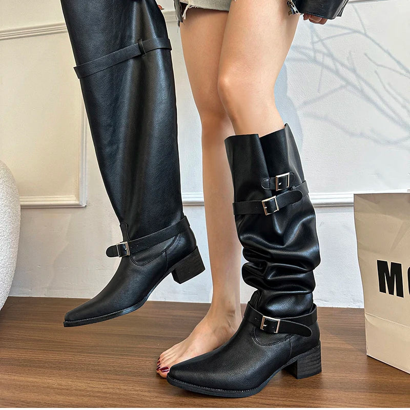 Cyflymder  Autumn Winter Pleated Women Knee High Boots Vintage Square Low Heels Shoes Female Belt Buckle Long Booties