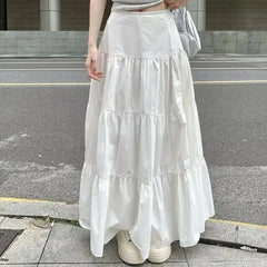Cyflymder  Y2k Clothes Women Skirts Vintage High Waist Elastic Patchwork White White Chic Long Cake A-line Skirt Streetwear