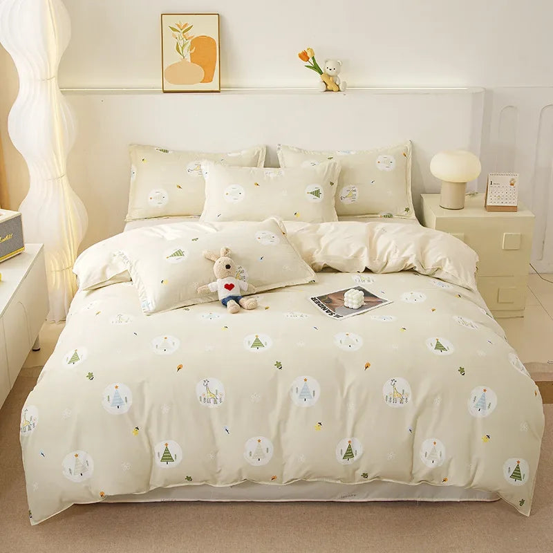 Cyflymder  Ins Style Plant Printed Skin Friendly Cotton Bed Sets 4Pcs Soft Cozy Duvet Cover Set for All Seasons King Queen Textile Supplies