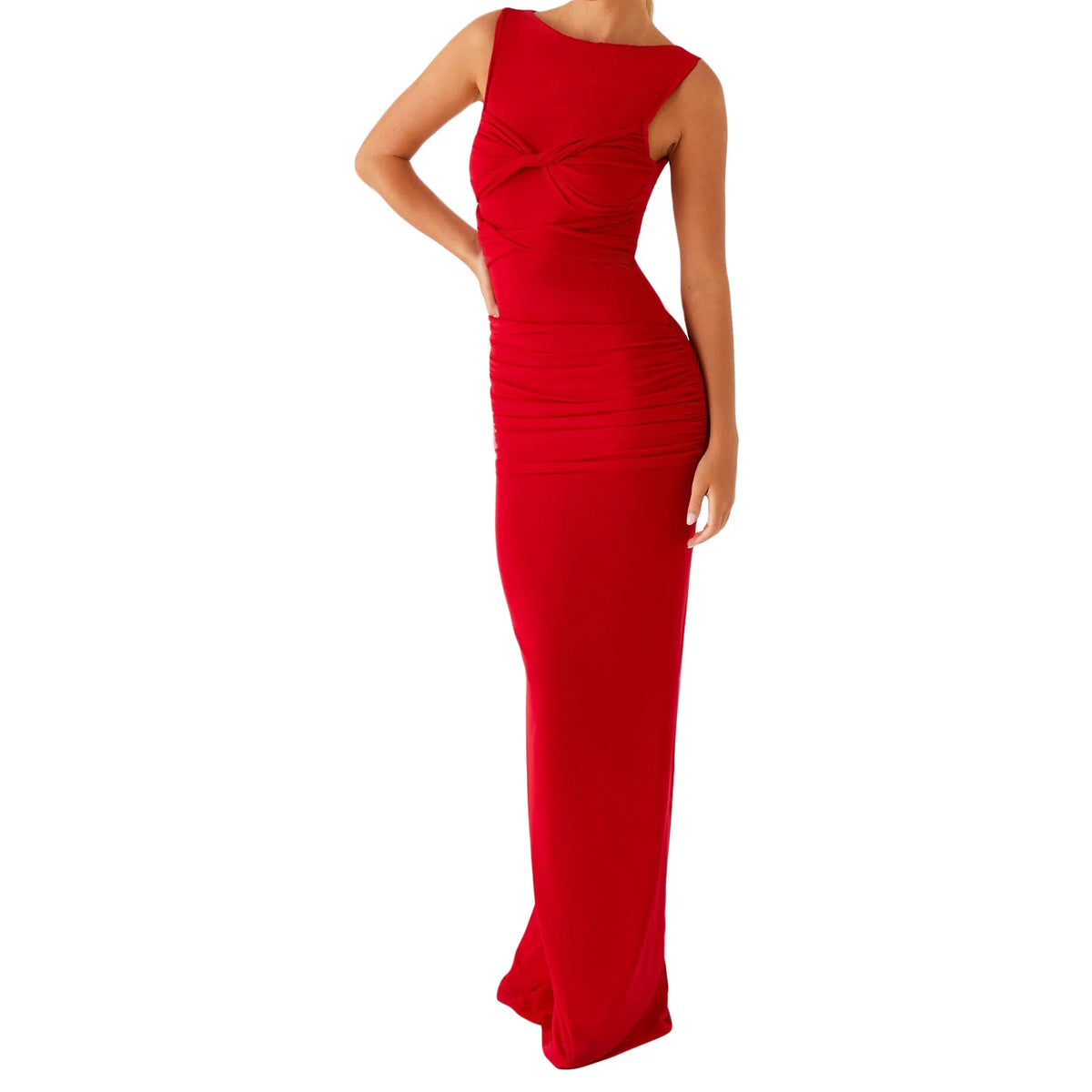Cyflymder  Elegant Sleeveless V-Neck Ruched Evening Gown with Side Slit and Embellished Waistband for Formal Events and Parties