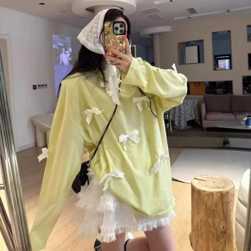 Cyflymder  Summer Fashion O Neck Long Sleeve Loose T Shirts Sweet Bow Appliques Lazy High Street Clothes Y2k Have Shoulder Pads Thin Tops
