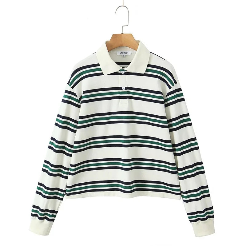 Cyflymder  Loose Fits Casual Street Sle T-irt  Collar Contrast Color Versatile Lazy Sli Top American Retro Striped