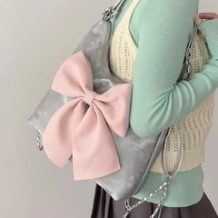 Cyflymder Pink Bow Womens Shoulder Bag Korean Style Fashion Large Capacity Sweet Backpack Cute Exquisite Elegant New Female Tote Bag