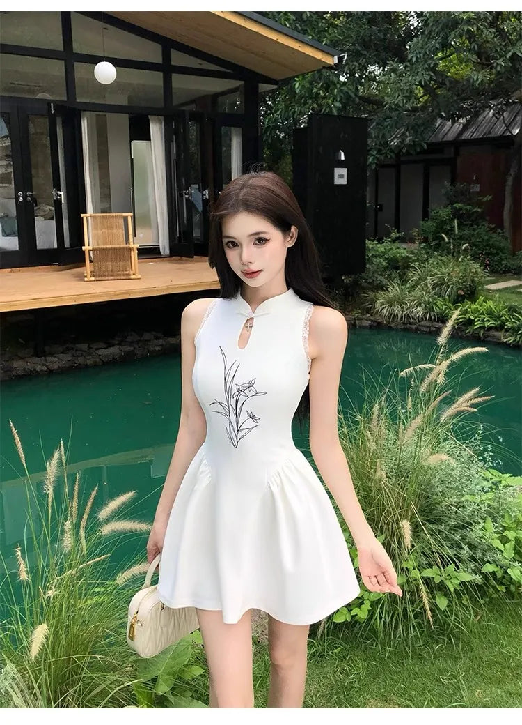 Cyflymder  Chinese Style Printed Dress for Women's Summer Slim Fit Sleeveless Lace A-line Short Dress Fashion Female Clothes