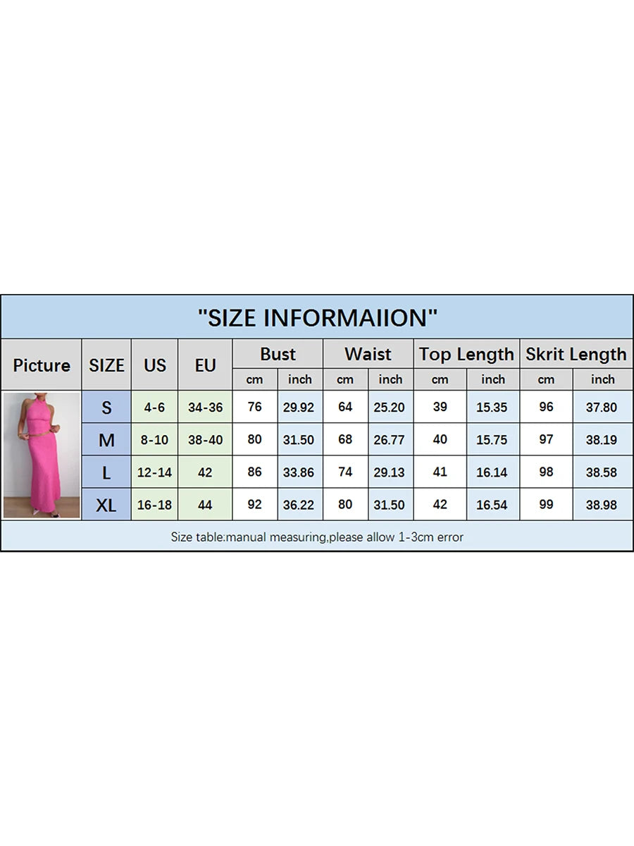 Cyflymder  Elegant Women's 2 Piece Outfits Casual Sleeveless Halter Crop Top High Waist Long Skirt Solid Set for Cocktail Party