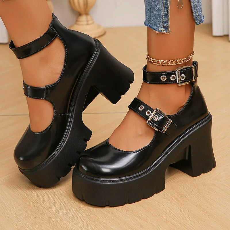 Cyflymder Chunky Platform Punk Gothic Shoes Women Ankle Buckle Super High Heels Pumps Woman Pu Leather Square Heel Mary Jane Shoes