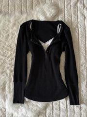 Cyflymder  Fashion retro Y2K millennial girl fitted V-neck black long-sleeved top for autumn, with a unique and exclusive style for women