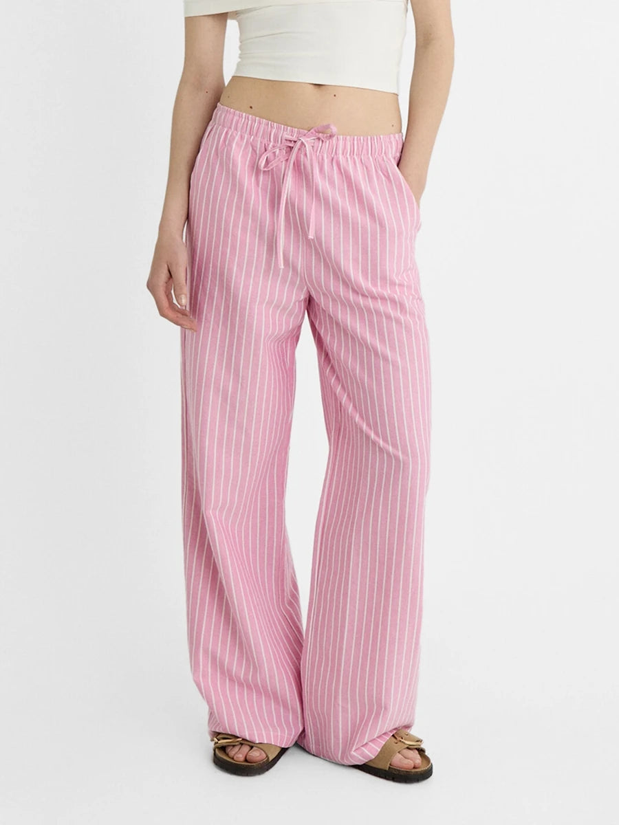 Cyflymder  Summer Women Oversize Casual  Striped Print Long Pants Drawstring Elastic Waist Loose Straight Pants with Pockets Streetwear