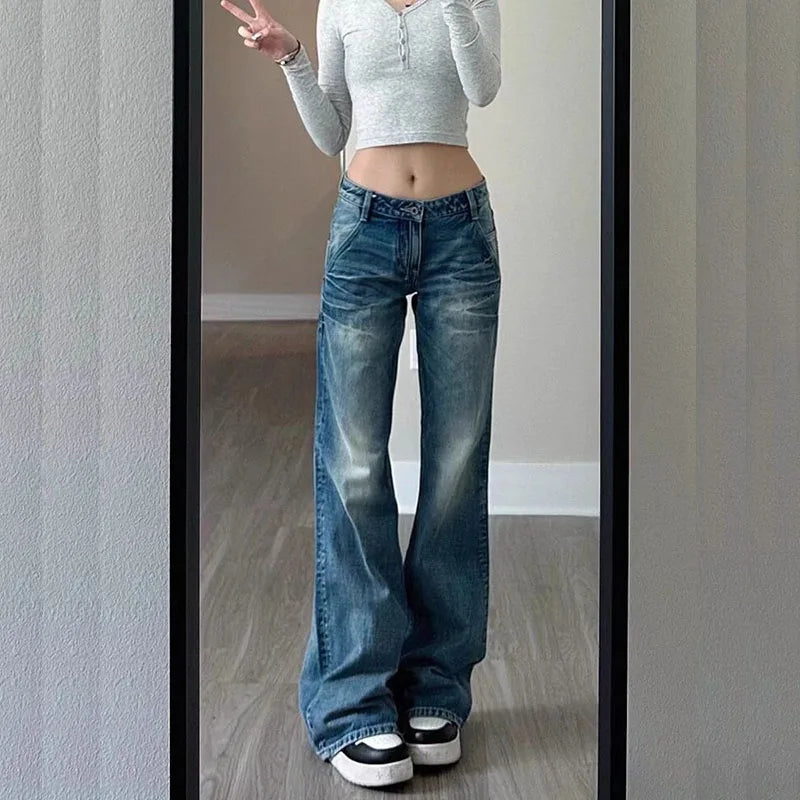 Cyflymder  Vintage Straight-Leg Jeans Women 2025 New Y2K Low Waist Pocket Loose Denim Pants Woman Korean Fashion Slimming Wide Leg Trousers