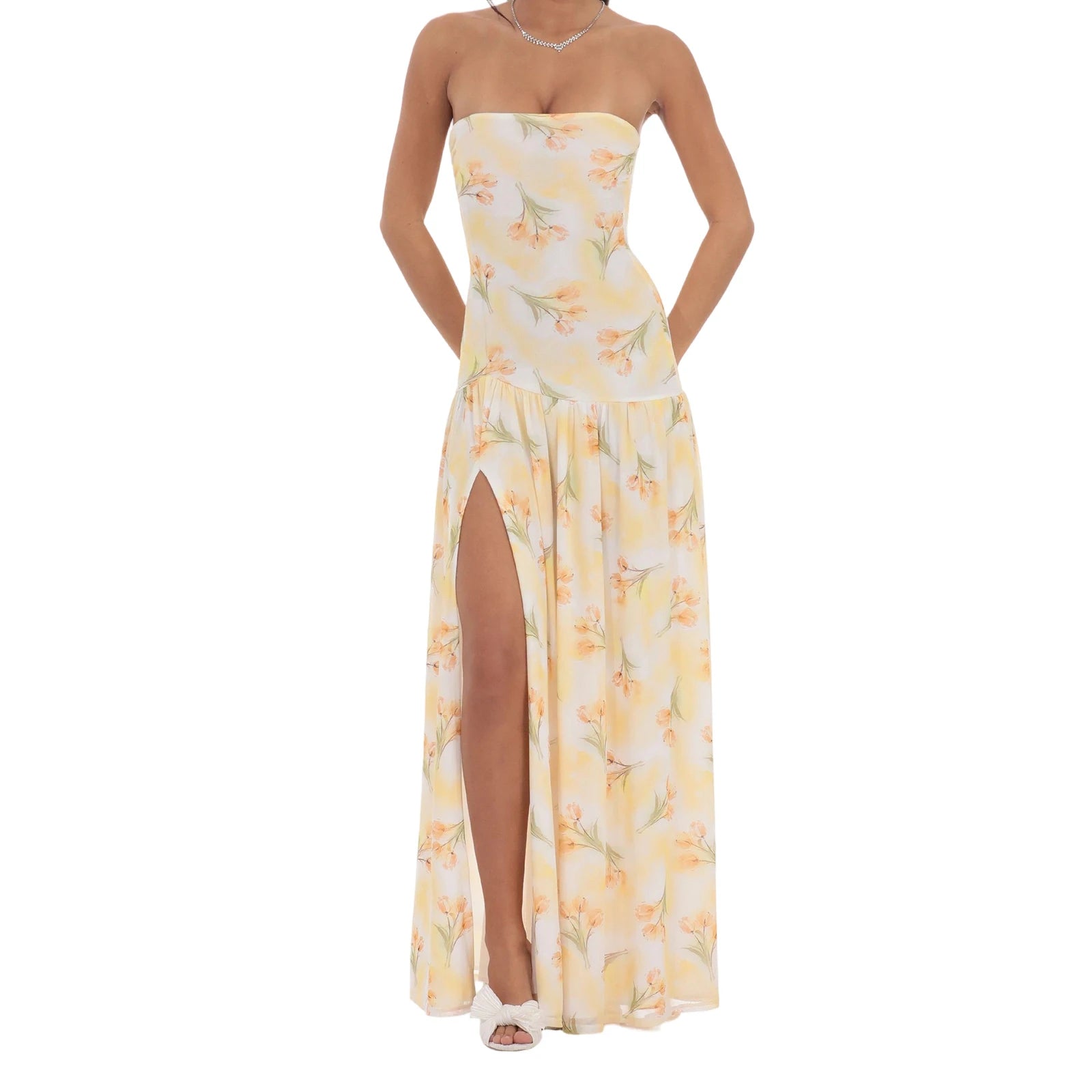 Cyflymder  Elegant Floral Print Off Shoulder Maxi Dress with High Side Slit and Sleeveless Design for Evening Party or Clubwear