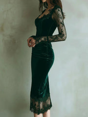 Cyflymder  Elegant Velvet Lace Trim Evening Cocktail Dress For Women Vintage Sexy Sheer Long Sleeve V-Neck Mesh Party Bodycon Mini Dresses