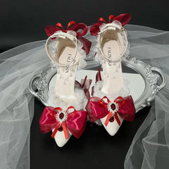 Cyflymder  pointed toe heel white red y2k high heel Lolita wedding shoes bridal heel bow pearl Y2k boots heel lace stiletto heels